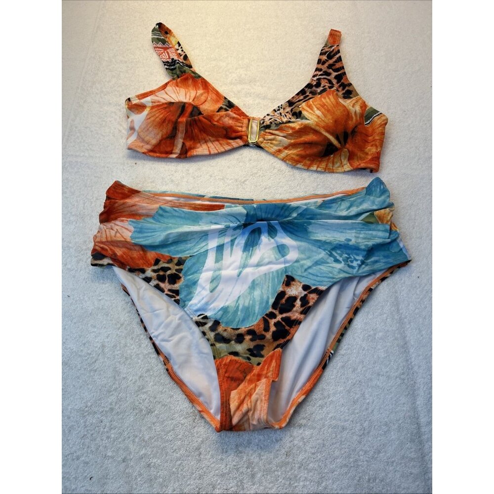 Eomenie Two Piece Swimming Suit Womens Size 2XL Tropical Orange Print  NEW